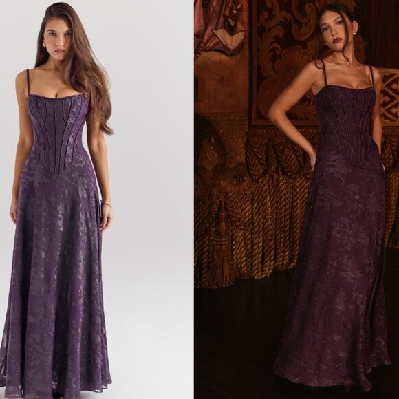 House of CB Esme grape lurex chiffon maxi dress NWOT
